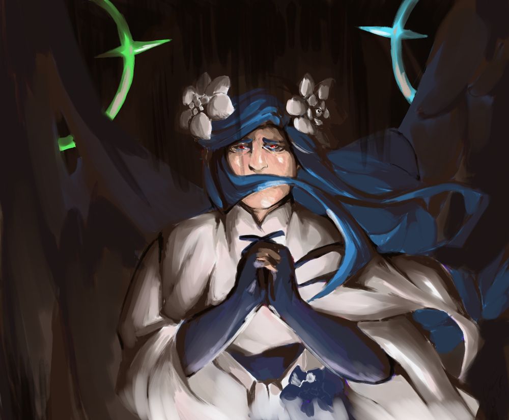 A digital painting of Queen Dizzy from Guilty Gear. The light focuses on the center, while her surroundings have a muddy shading.