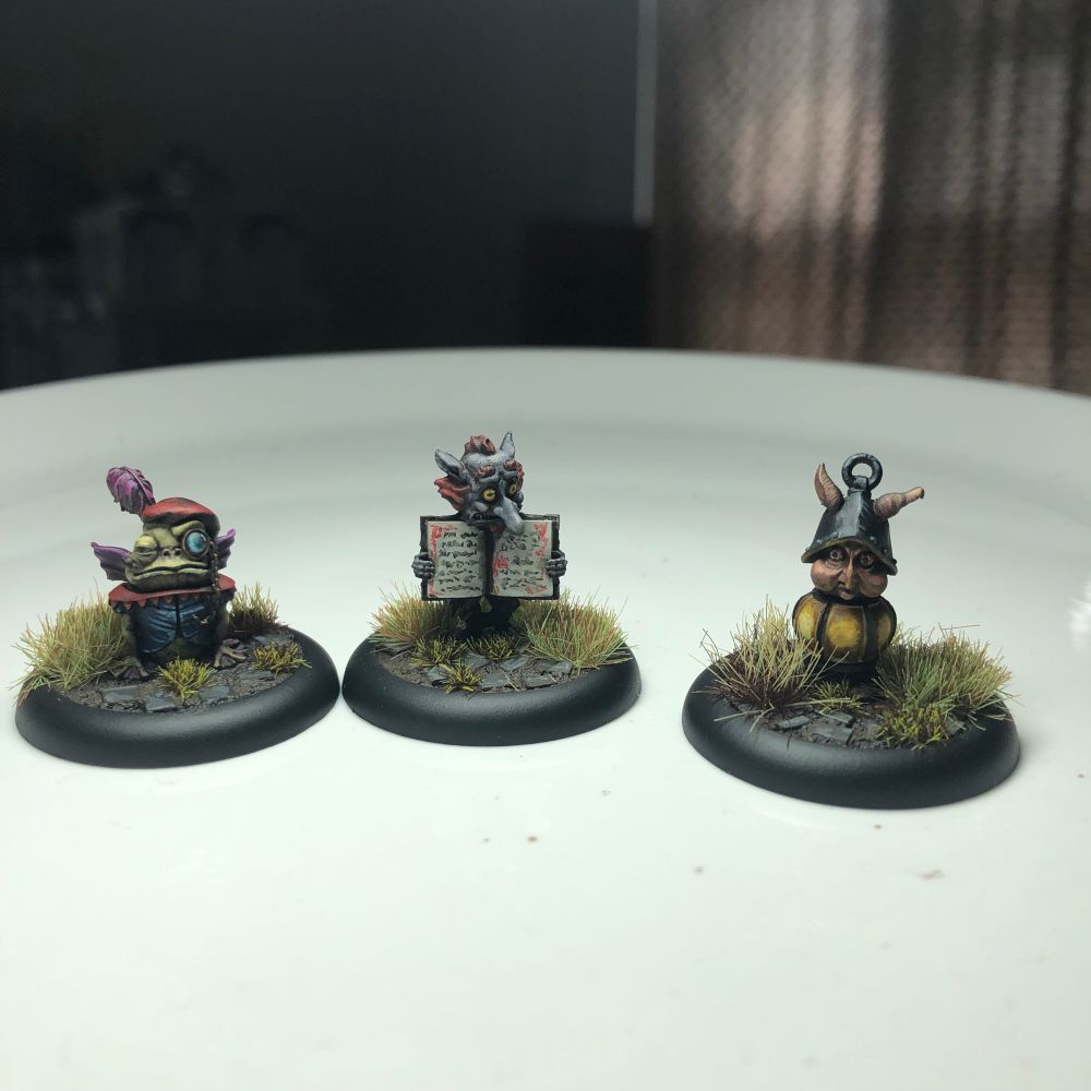 Part one of two from the psychopomp box. Three little dudes. A wee fish man; a book spirit; and a lantern spirit