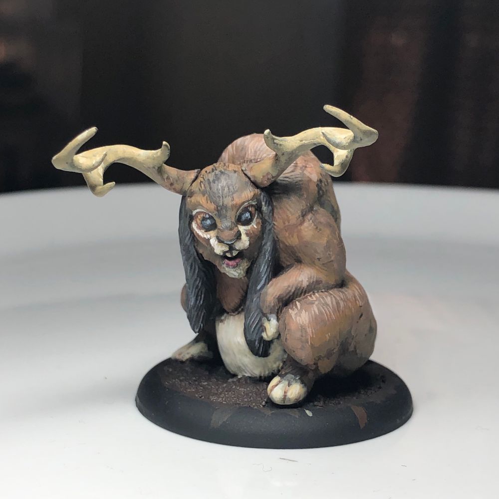 A Jackalope for goblin king game’s moonstone. Painted like the European hare fur pattern 