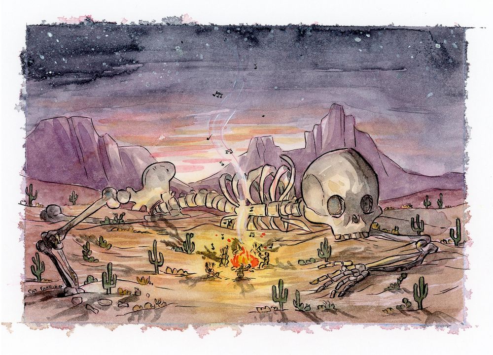Painting of a desert at dusk. A giant dilapidated skeleton surrounds a bunch of people playing music around a campfire.