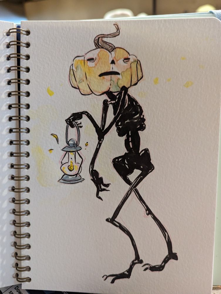 A thin and spooky fellow with a suspicious look on his face, wearing a pumpkin head and carrying a lantern.