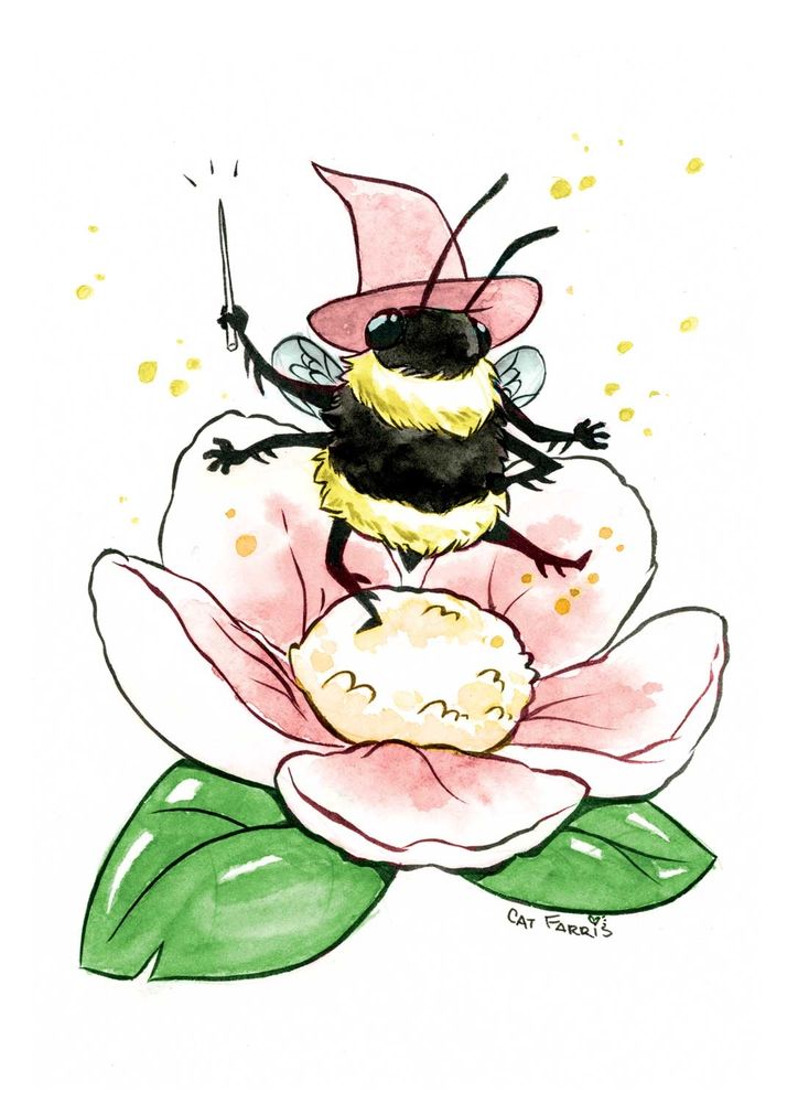 A cute bee in a witch hat standing on a large pink flower. It's jauntily casting a spell of some sort.