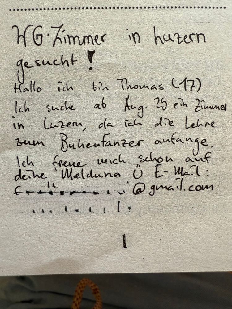 Handschriftliches Inserat aus dem A-Bulletin in dem Thomas ein Zimmer sucht da er eine Lehre als (unleserlich) beginnt