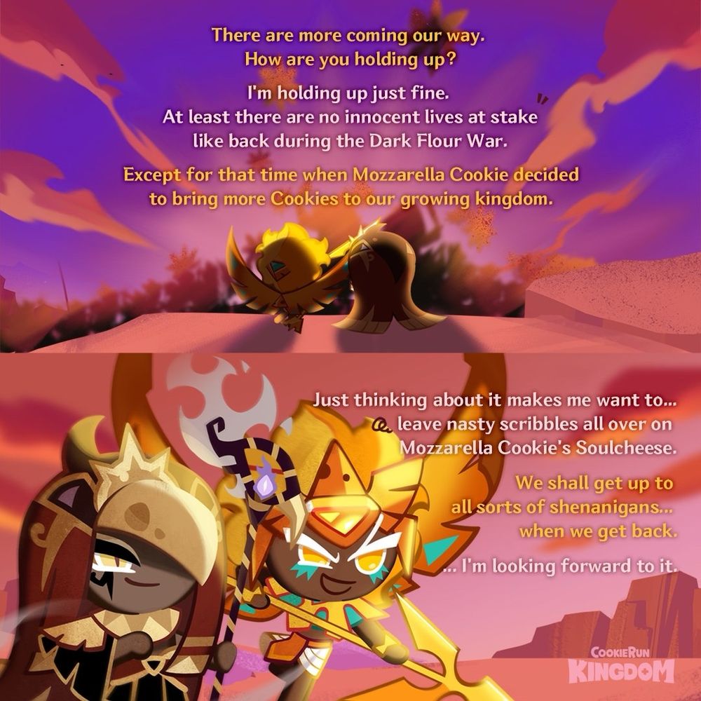 Image features Golden Cheese Cookie and Smoked Cheese Cookie having a conversation.
