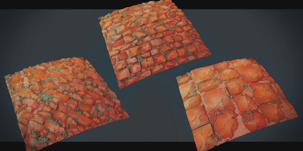 A stylized, dusty orange flagstone material, created in Substance Designer and rendered in Marmoset Toolbag. A couple of variations here showcasing the flexibility of the procedural graph.