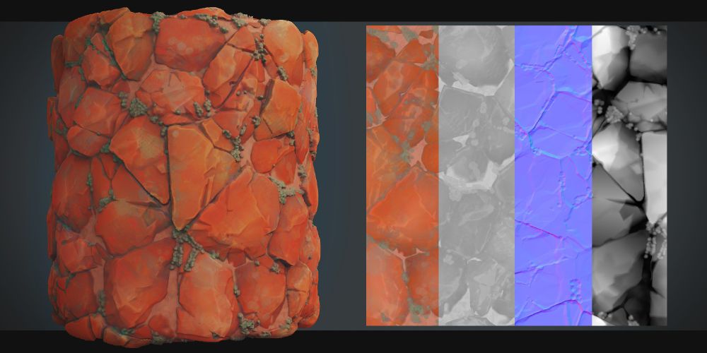 A stylized, dusty orange flagstone material, created in Substance Designer and rendered in Marmoset Toolbag. Some texture maps included alongside to show the colour, roughness, normal and height maps in isolation.