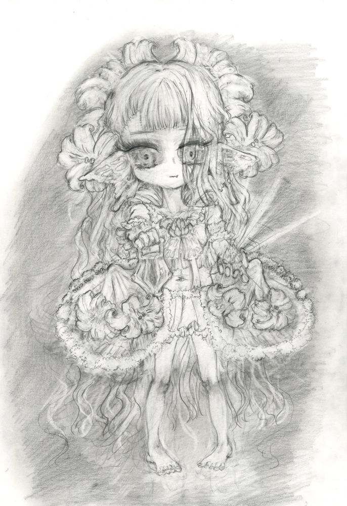 A graphite girl clad in clover-green frills and lilies, quietly watching the viewer.
