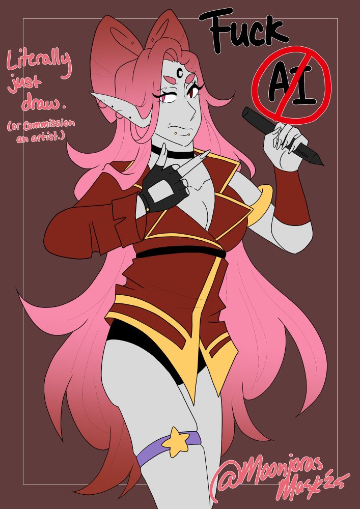 Digital artwork of a vampire oc with pink and red gradient hair holding a tablet pen and flipping off the camera with the caption "Fuck AI, Literally just draw. (Or commission an artist)