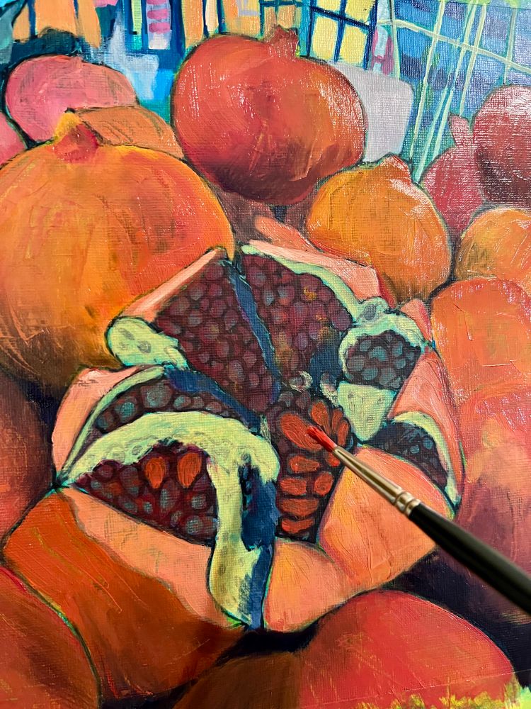Oil Painting of pomegranates in progress - Leslie F. Halleck