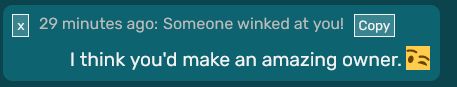 A Pleasepraiseme response that reads, "I think you'd make an amazing owner. 😉"