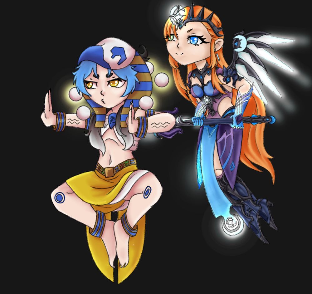 Stylized digital drawing of RoVu and Goro dressed as Overwatch characters. Rovu is dressed as Ra Zenyatta and Goro as Atlantic Allstars Mercy. Square canvas, Black background.