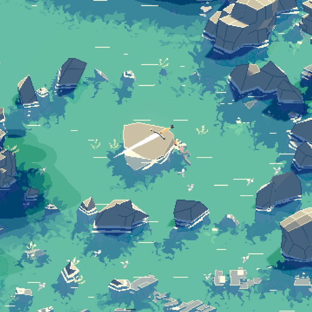 3d pixel art render of a sword on a rock surrounded by shallow water