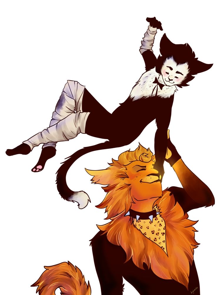 Mr Mistoffelees and Rum Tum Tugger from the musical CATS. Mr. Mistoffelees is floating in air above Rum Tum Tugger, who nuzzles his hand lovingly.