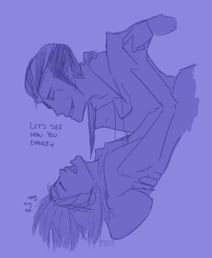 Xigbar, a black and grey haired man with a ponytail, an eyepatch, and a smirk on his face, dips Demyx, a boy with lighter spiked up hair, who is upside down and laughing. Xigbar is saying "let's see how you dance!" while Demyx is saying "omg Xig, no" 