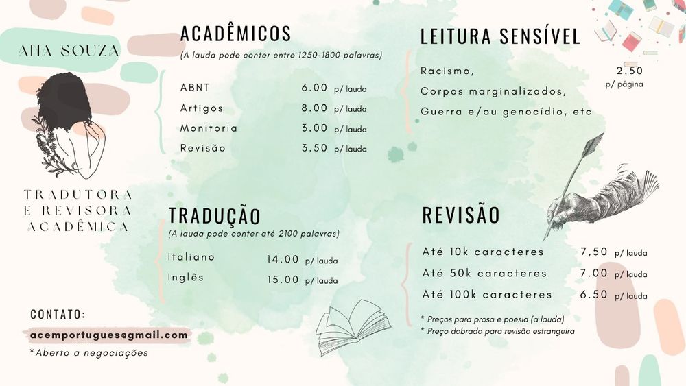 Meu cartão de apresentação com os valores do meu trabalho

Ana Souza
Tradutora e Revisora Acadêmica
Contato: acemportugues@gmail.com

ACADÊMICOS (lauda contém entre 1250 a 1800 palavras)
ABNT - $ 6,00
Artigos - $ 8,00
Monitoria - $ 3,00
Revisão - $ 3,50

TRADUÇÃO (lauda contém até 2100 palavras)
Italiano - $ 14,00
Inglês - $ 15,00

LEITURA SENSÍVEL ($ 2,50)
Trabalho com assuntos variados como: racismo, corpos e sujeitos marginalizados, guerras, genocídios, entre outros

REVISÃO
Até 10k caracteres - $ 7,50
Até 50k caracteres - $ 7,00
Até 100k caracteres - $ 6,50
* Preços para prosa e poesia
** Preço dobrado para língua estrangeira