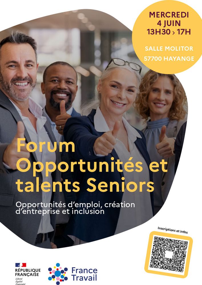 Affiche de l'évènement avec des personnes seniors qui font un pouce levé. Venez rencontrer des entreprises a la recherche de profils séniors !