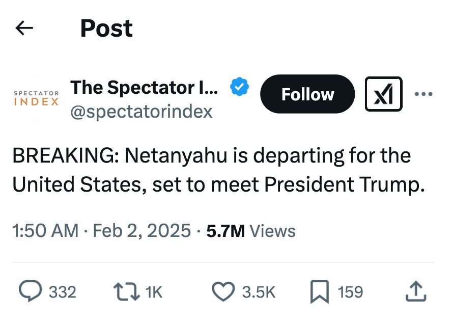 Screenshot of Tweet reads: BREAKING: Netanyahu is departing for the United States, set to meet President Trump.