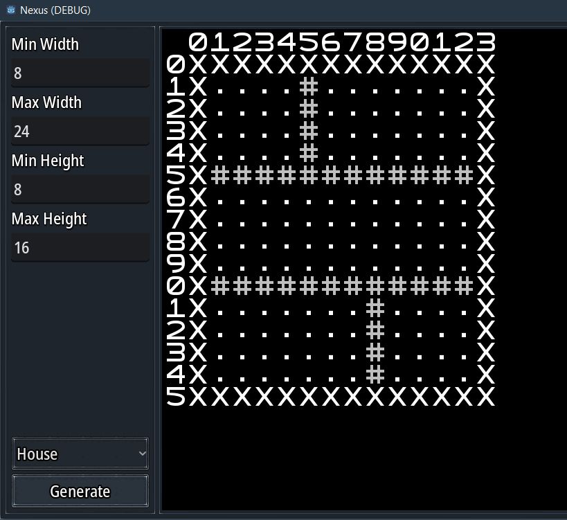 More room generation goodness. A lot of text rendered in a beautiful squared font just to draw some very gimpy rooms via text symbols because I am bad at math.