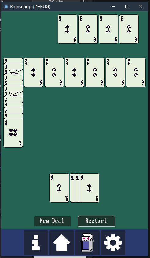 A screenshot of a solitaire game in very early progress. Monochrome cards on a lovely green background reminiscent of professional felt-covered casino tables with a few ugly buttons underneath.