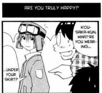 Madarame and Sasahara are flustered by their fellow club-member Kōsaka's appearance while he cross-plays for their booth at a comic convention, asking him what he is wearing under his skirt