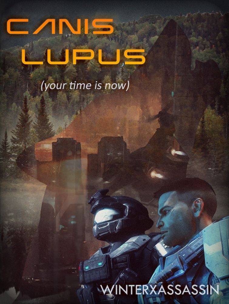 a cover for Canis Lupis (your time is now), by WinterXAssassin; author's name is on the bottom right of the image, while the title can be found to the upper left. a burning city is inlaid in a silhouette of a howling wolf; behind it is a foggy forest backdrop. in the bottom right foreground, Nobles One and Six look to the horizon, facing leftward