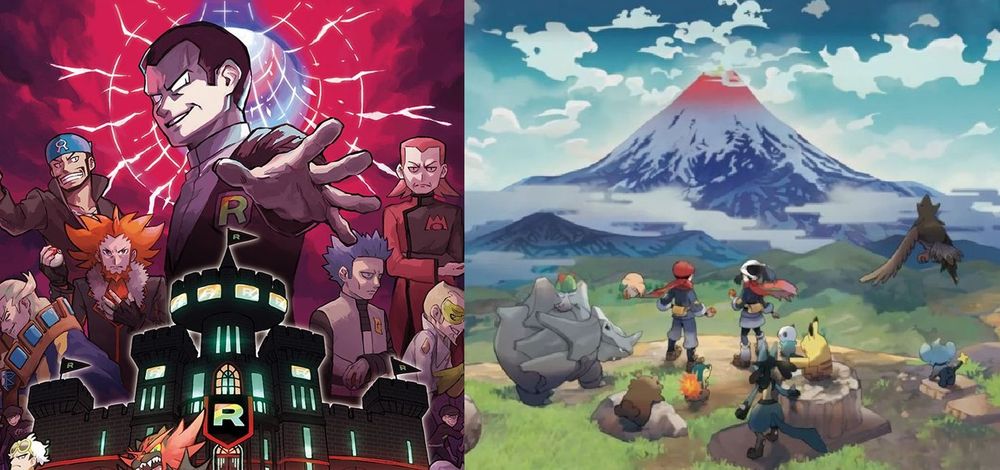 left image: Giovanni from Team Rocket, looming over Rocket Headquarters alongside other evil team leaders. right image: Cover of Pokemon Legends Arceus showing the main characters and their accompanying pokemon looking out to open nature scenery with their backs facing the camera.
