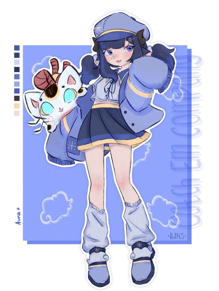 
ART BY Na11t3!! -- Aura is a young lady with sheep horns and ears and thick blue hair tied into pig tails and long side bangs with a star hair clip. with a mostly blue-get up. She wears a dark blue short skirt with gold trim and waist, an oversized sweater jacket, a button-up crop top blouse and a newsboy cap. she's got baggy high socks that go a bit more than halfway up the calves and cloud themed sneakers. shes got a four-square cross emblem on her shoe lips, on and on her sweater pocket. Attached to her right arm is Laki, Catch Em Company's mascot creature (a cute, round, big eared maneki-neko or fortune-cat with a bell tied to the back using a big pink rope. Laki is white furred, has bright cyan and yellow eyes, jagged whiskers, and little pink swirls on its cheeks) || they're both making a cheerful expression. Aura waves with her left arm through her oversized sweater sleeve and is standing in front of a blue background with white cloud shaped outlines on it. The color palette sits to the left of the background and the name of the character reads "Aura +". there is also a transparent Catch Em Company game name text element on the right border of the background, and underneath it is the artists signature reading "Na11t3"