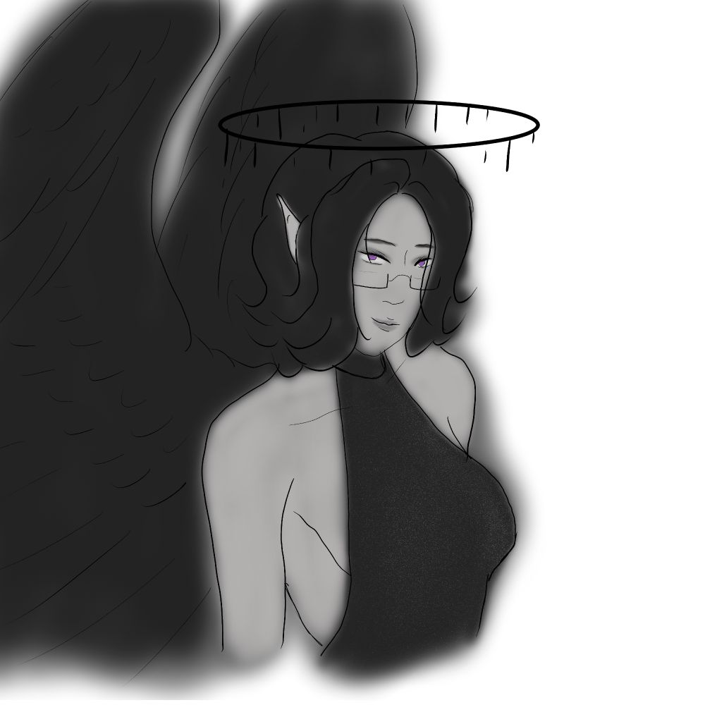 Mono tone of Lady Kiki.  She has dark wavy hair, black wings, a drippy halo and glasses.  She is wearing a sparky black dress.