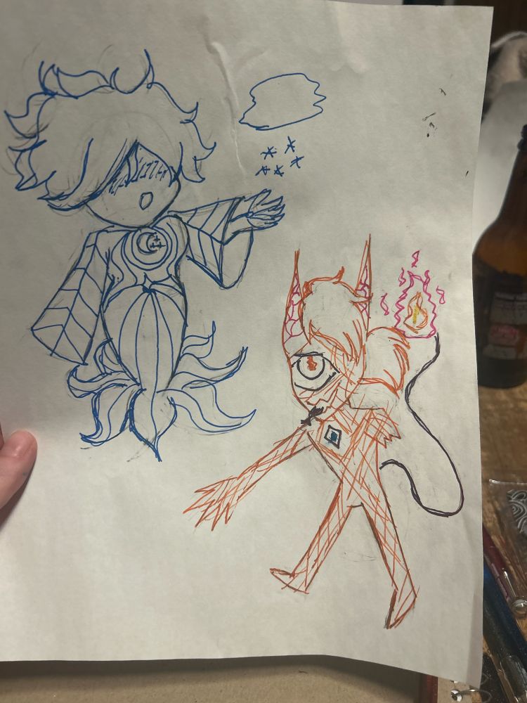 Drawing on paper of a blue and an orange character