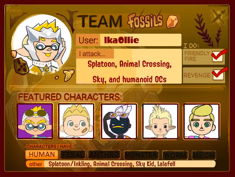 Team Fossils! I’ve got a Splatoon, Animal Crossing, Sky, FFXIV and Switch Sports OC