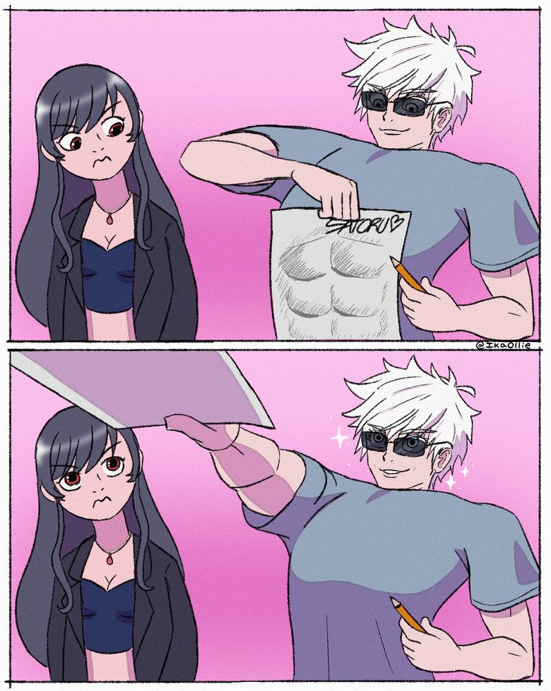 A digital comic that recreates a scene from K-Pop Demon Hunters but with firagapetals’ OCs.

Satoru is handing out autographs using his abs while Sumi watches