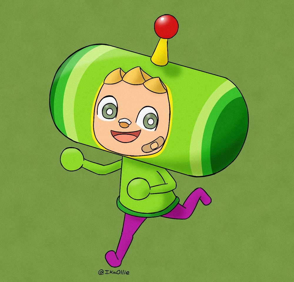 A digital drawing of my Animal Crossing villager, Ollie, dressed as the Prince from Katamari Damacy

He is running with his arms up, as though pushing a katamari