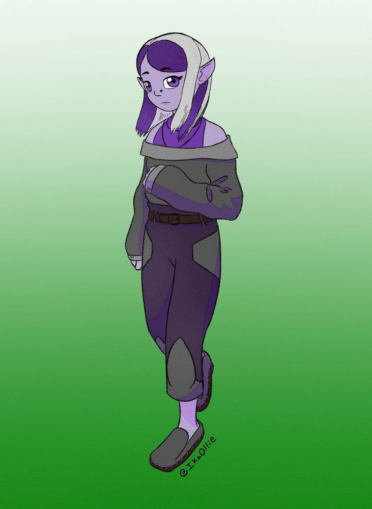 A digital drawing of Grace, ShinyIvy’s Majiri OC. She walks with a pensive look on her face