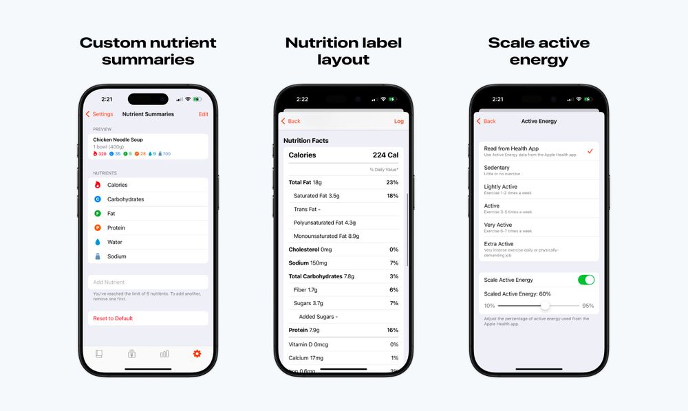 Three iPhone screens showing new Foodnoms features. Left screen shows customizable nutrient summaries with selected nutrients like calories, carbs, fat, and protein. Center screen displays a detailed nutrition label layout, mimicking standard food packaging. Right screen shows active energy scaling settings, with options to adjust how much Apple Health active energy is used. Bold headings above each phone read: “Custom nutrient summaries”, “Nutrition label layout”, and “Scale active energy”.