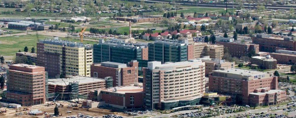 Photo of almost complete construction of the CU Anschutz Medical Campus. Photo taken in the early 2000s.
