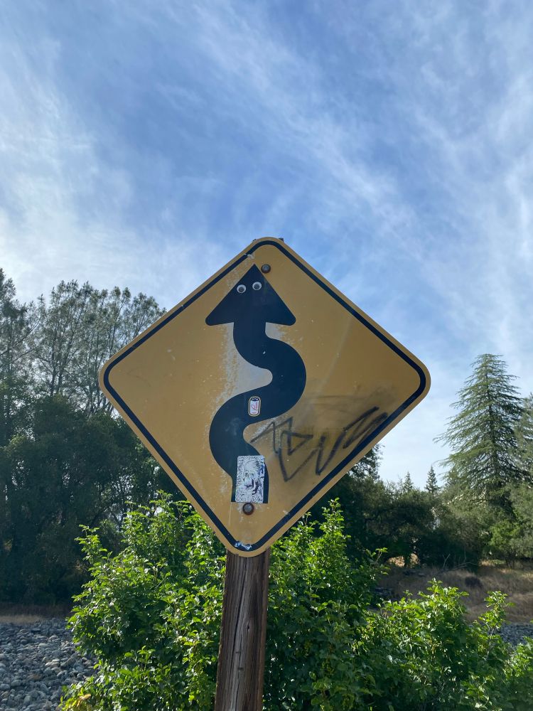 A winding road sign that has been vandalized by someone adding googly eyed to the arrowhead, turning it into a snake. 