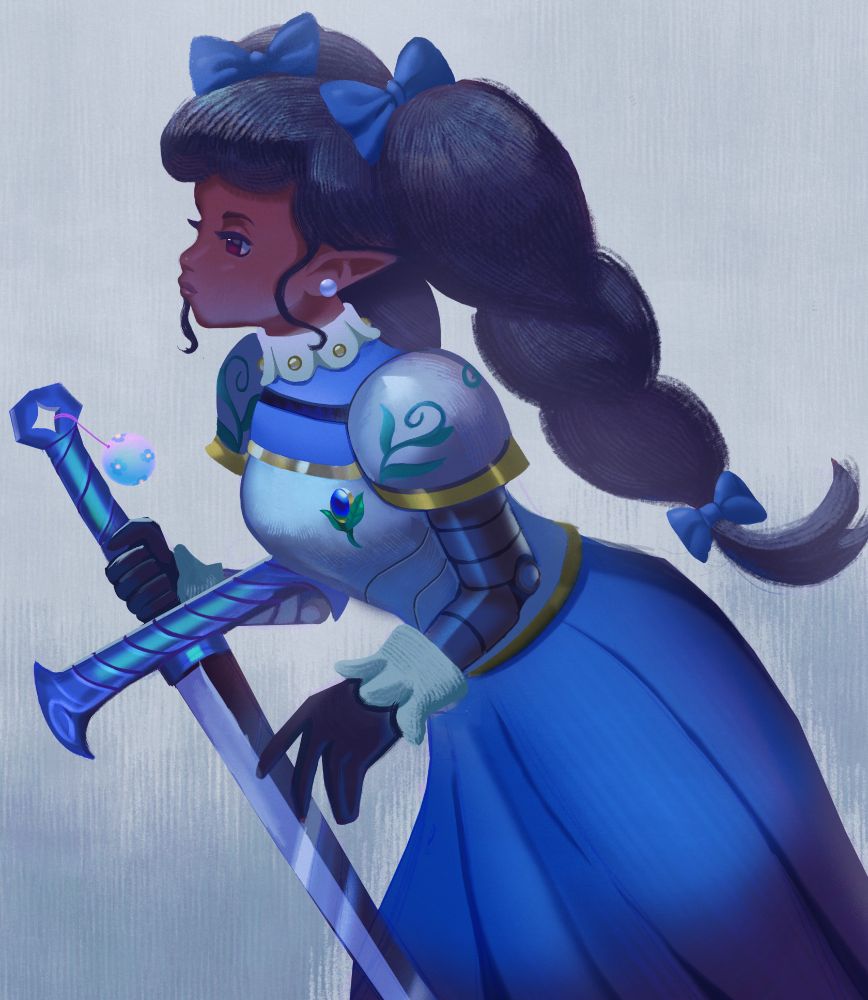 A mostly blue toned drawing of my oc mint, she has armor and is holding a sword, her hair is in two large pig tail braids with bows
