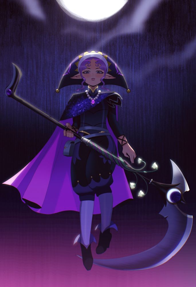 My oc under the moonlight behind a purple pink bg wearing dark armor and a bright cape holding a scythe