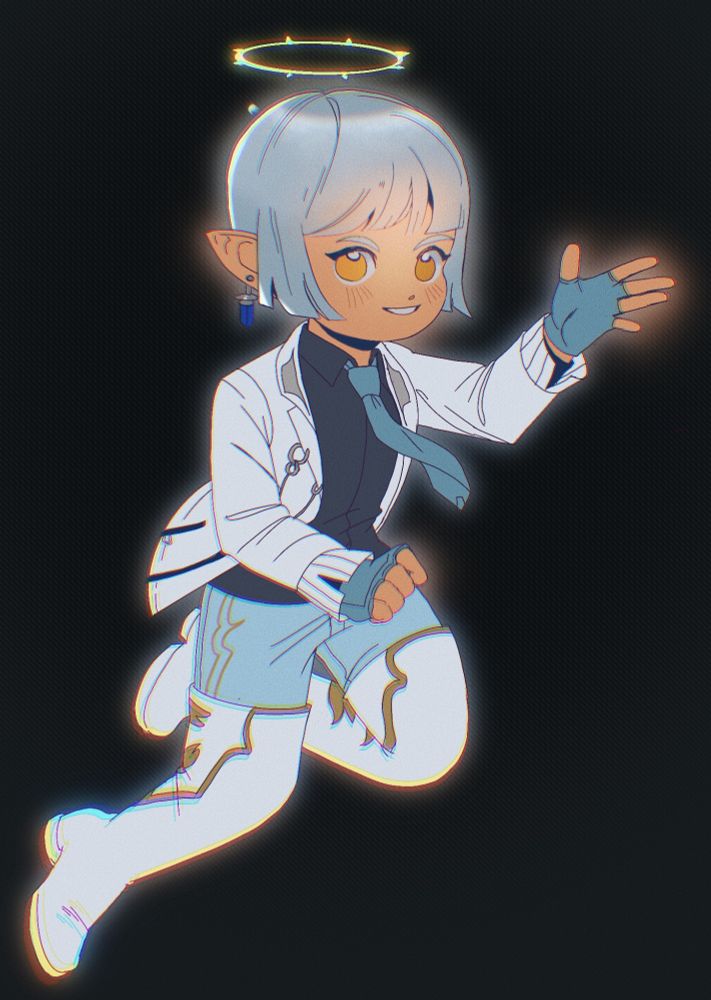 Colorful lalafell glowing behind a dark background