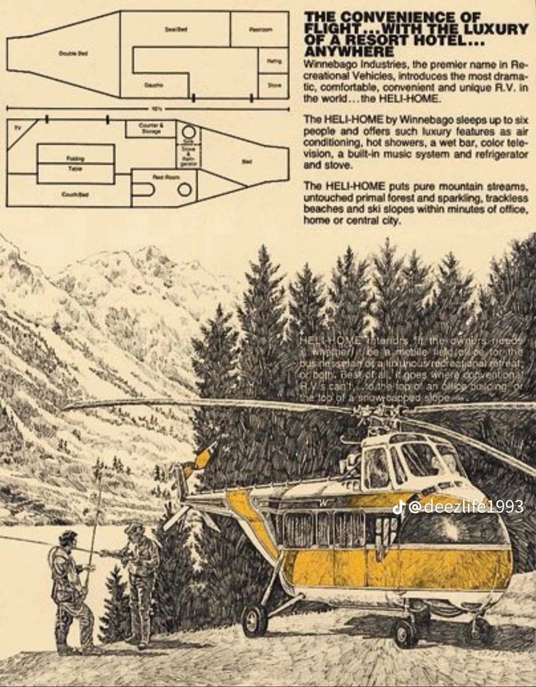 An ad for the Winnebago Heli-home caravan/RV, a motorhome inside of a helicopter. It features a drawing and a plan of the inside of the helicopter. 