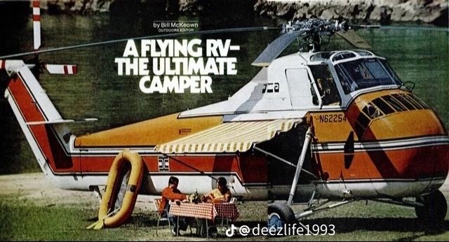 A photo ad for the Winnebago Heli-home caravan/RV, a motorhome inside of a helicopter.