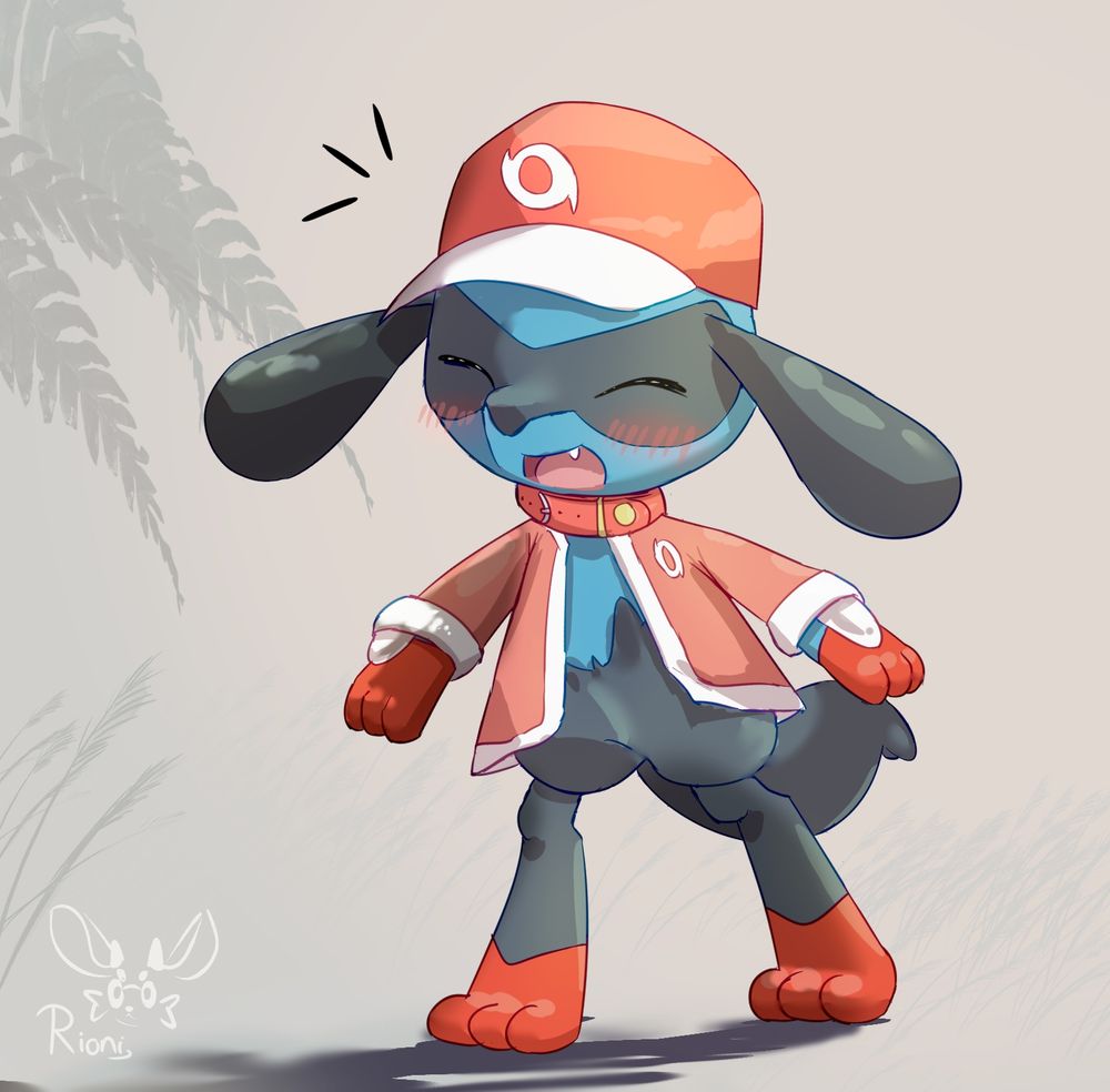 Zorio, a Riolu with Zorua traits walking happily with his arms spread, one leg forward and one behind. His mouth is open conveying a happy look and he's also blushing. Eyes are closed with tiny reflections on it to enfasize the cheerful look. He's wearing a cap and a little thin coat that has stamped the Ranger logo