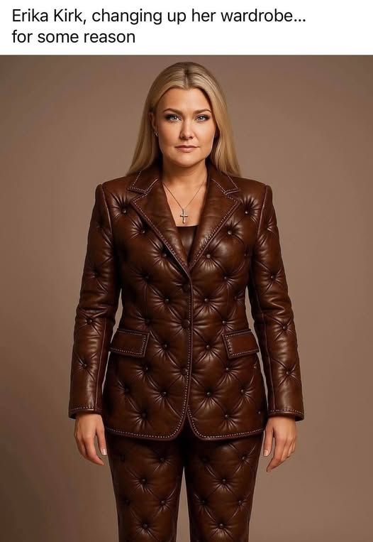 erika kirk in leather couch attire 