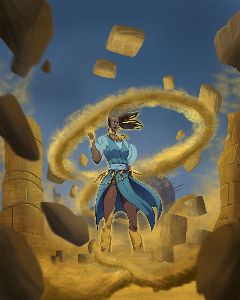 A woman manipulating sand with magic