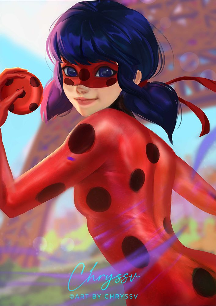 A vibrant digital illustration of Ladybug from Miraculous Ladybug, wearing her iconic red and black spotted suit. She is posed dynamically with a confident expression, showcasing intricate details in a semi-realistic art style. The background features soft red and black accents, enhancing the superhero theme. Painted by digital artist Chryssv.
