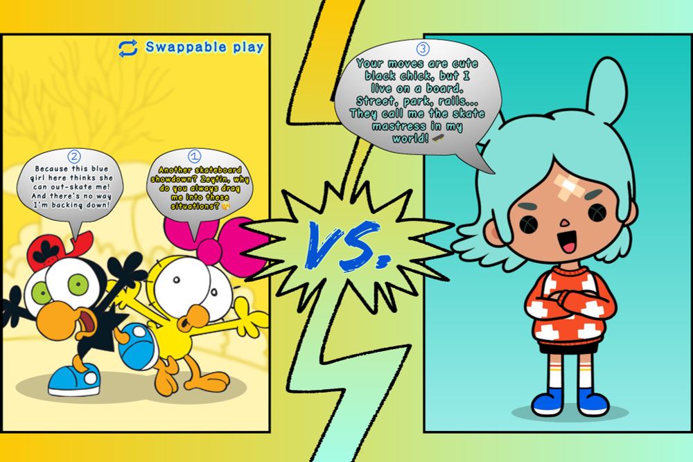 Limon: “Another skateboard showdown? Zeytin, why do you always drag me into these situations?” 😮‍💨
Zeytin: “Because this blue girl here thinks she can out-skate me! And there’s no way I’m backing down!”
Rita: “Your moves are cute black chick, but I live on a board. Street, park, rails... They call me the skate mastress in my world!” 🛹