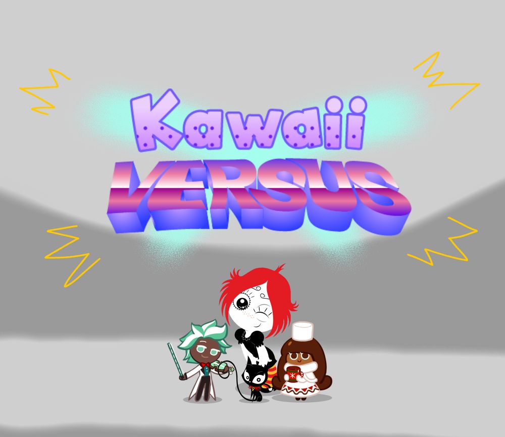 In front of Ruby Gloom from left to right : Mint Choco Cookie, Doom Kitty and Cocoa Cookie.
All of them under the KV logo.