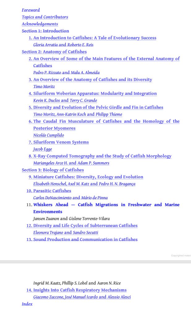 Table of contents showing 14 chapters ranging from anatomy to ecology and evolution of catfishes