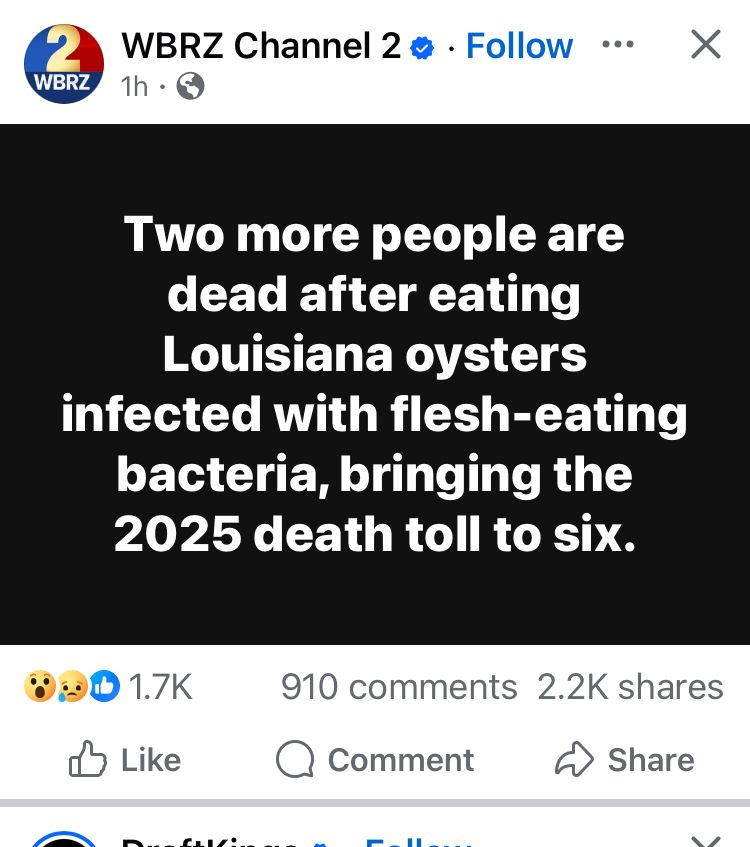 News post saying ‘two more people are dead after eating oysters infected with flesh-eating bacteria, bringing the 2025 death toll to six.”