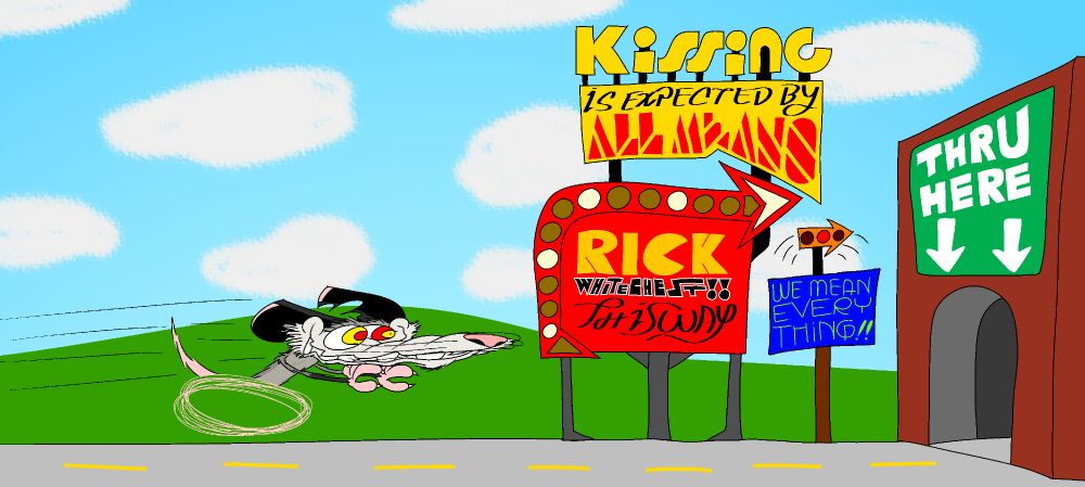 Scrappy, running as the Roadrunner would, dashes down a road towards a tunnel, with several flashy signs pointing to it. The signs indicate that Rick, my boyfriend, is in the tunnel and that he's expecting to be showered with love. It's up to your interpretation whether the tunnel is real or not~